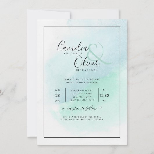 Invitation LeahG Verre de mer Turquoise Turquoise Bleu Mariag (Devant)