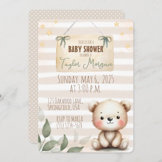 Invitation Leaves Watercolor Teddy Bear (Devant / Derrière)