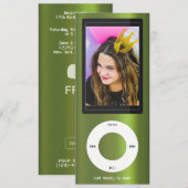 Invitation Lecteur de musique MP3 vert pour anniversaire (Devant / Derrière)