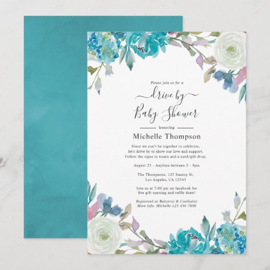 Invitation Lecteur floral bleu et turquoise Dusty par douche (Devant / Derrière)