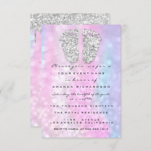 Invitation Lecteurs d'argent rose bleu bébé fille pieds douch (Devant / Derrière)