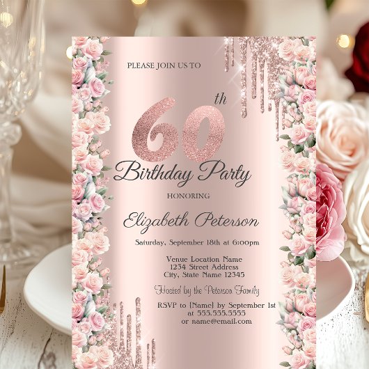 Invitation Lecteurs de cadres rose Rose Gold 60e anniversaire