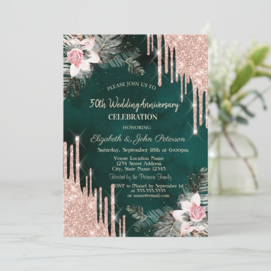Invitation Lecteurs, Feuilles de palmiers, Rose Mariage vert (Debout devant)