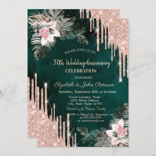 Invitation Lecteurs, Feuilles de palmiers, Rose Mariage vert (Devant / Derrière)