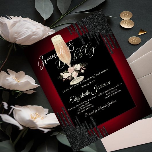 Invitation Lecteurs noirs, Verre, Rose, Brunch rouge & Bubbly