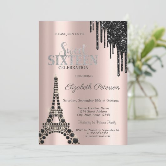 Invitation Lecteurs, Tour Eiffel Noir Douce 16 (Debout devant)