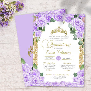 Invitation Léger violet Rose Floral Or élégant Quinceanera