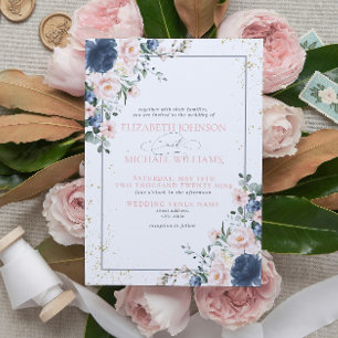 Invitation Légèrement Bleu Poussiéreux Rose Foncé Or Fleurs M
