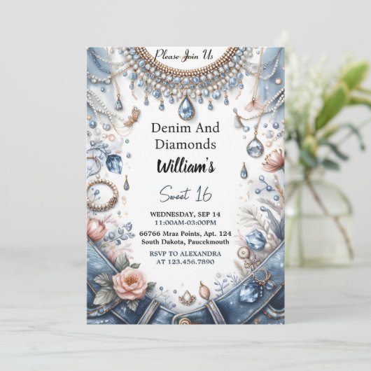Invitation L'Élégant Gem Bling Denim Et Diamonds Sweet 16 (Debout devant)