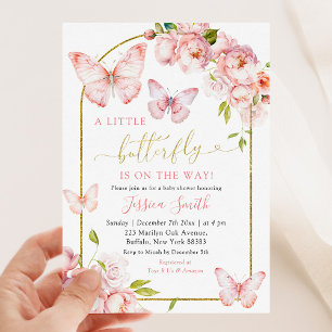 Invitation L'Élégant Papillon Floral D'Or Rose Est En Route