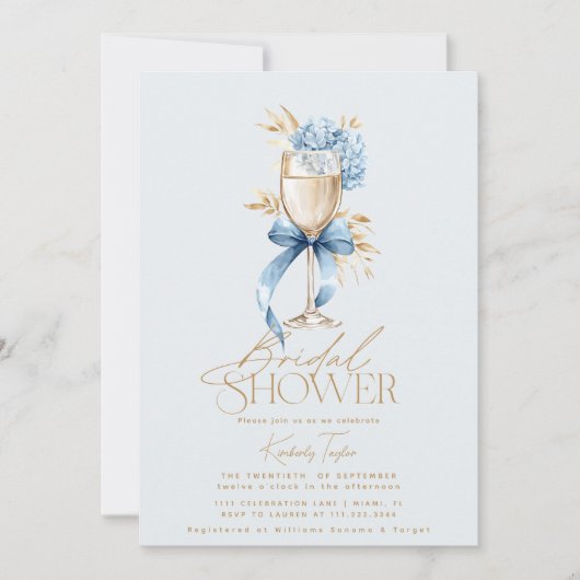 Invitation L'élégante Hydrangea Bleue Prosecco Nœud Papillon (Devant)