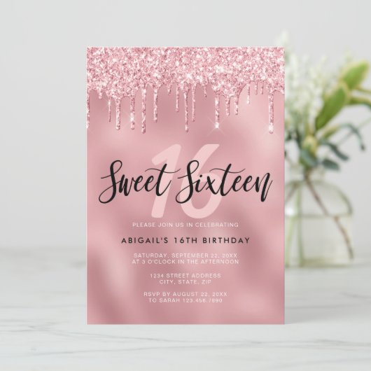 Invitation L'élégante parties scintillant rose en or goutte l (Debout devant)