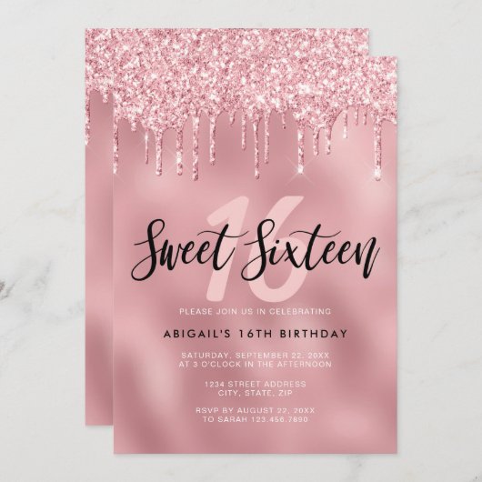 Invitation L'élégante parties scintillant rose en or goutte l (Devant / Derrière)