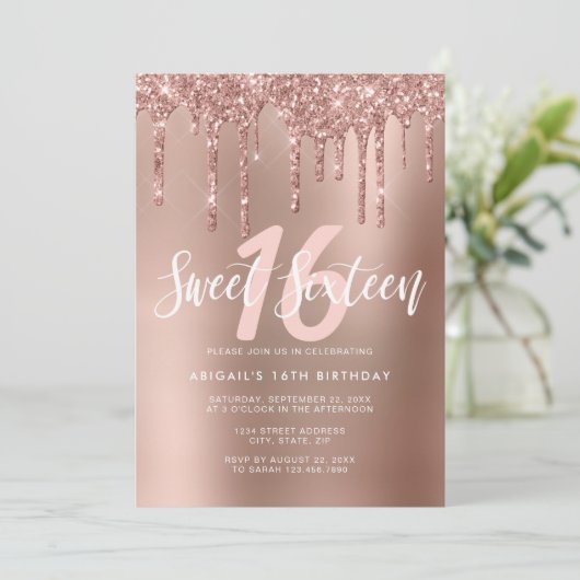 Invitation L'élégante parties scintillant rose en or goutte l (Debout devant)