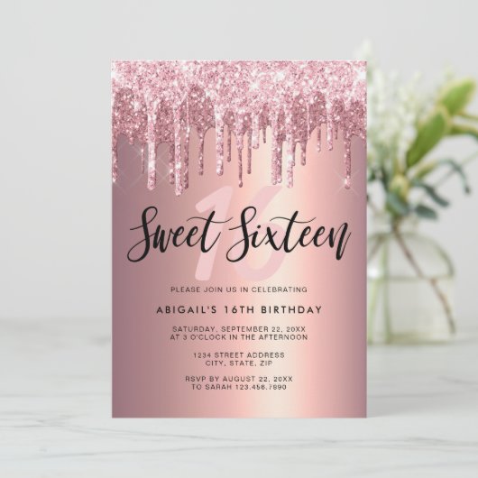 Invitation L'élégante parties scintillant rose en or goutte l (Debout devant)