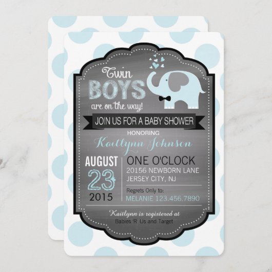 Invitation L'éléphant bleu avec l'invitation d'un Baby shower (Devant / Derrière)