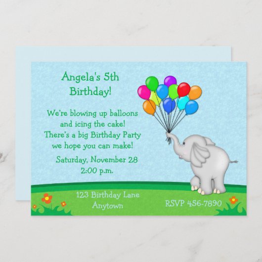 Invitation L'éléphant monte en ballon l'invitation (Devant / Derrière)