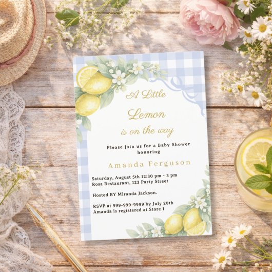 Invitation Lemon citrus gingham blue bow boy Baby Shower