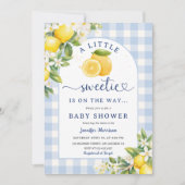 Invitation Lemon Citrus Yellow Baby Shower Boy Blue Gingham (Devant)
