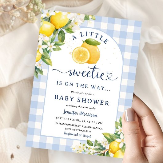 Invitation Lemon Citrus Yellow Baby Shower Boy Blue Gingham