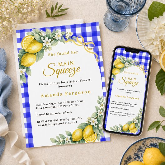 Invitation Lemon gingham blue main squeeze bow Bridal Shower