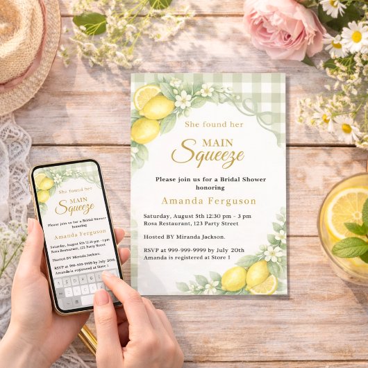 Invitation Lemon gingham sage main squeeze bow Bridal Shower