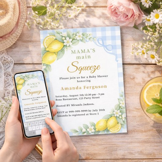 Invitation Lemon gingham squeeze blue bow boy Baby Shower