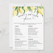 Invitation Lemon What's On Your Phone Bridal Game Cards (Devant)