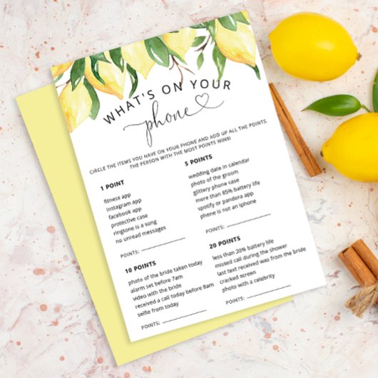 Invitation Lemon What's On Your Phone Bridal Game Cards
