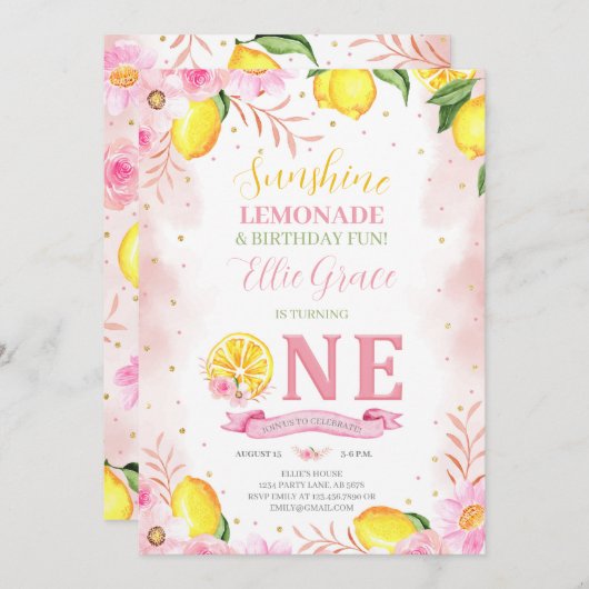 Invitation Lemonade florale 1er anniversaire (Devant / Derrière)