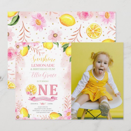 Invitation Lemonade florale 1er anniversaire Photo (Devant / Derrière)