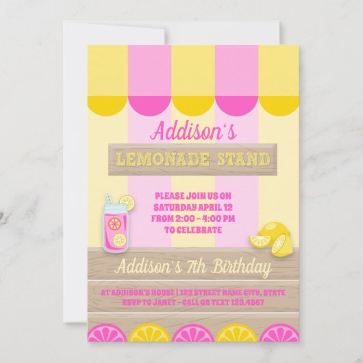 Invitation Lemonade Jaune Rose Stand Summer Birthday Party (Devant)