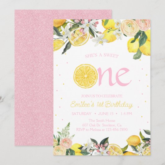 Invitation Lémonade rose Floral Premier Anniversaire Soleil (Devant / Derrière)