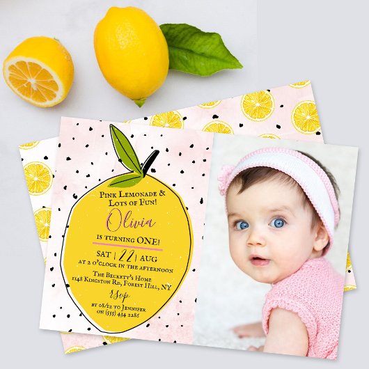 Invitation Lemonade rose moderne 1ère photo d'anniversaire