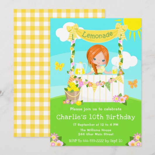 Invitation Lemonade Stand Birthday Red Hair Girl (Devant / Derrière)