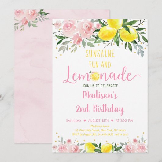 Invitation Lemonade Sunshine Rose Or Floral Anniversaire (Devant / Derrière)