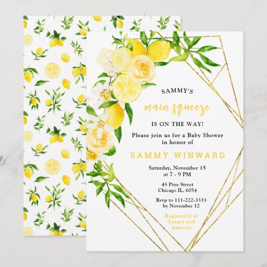 Invitation Lemons and Flowers with Foliage Baby Shower (Devant / Derrière)