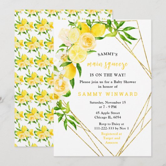 Invitation Lemons and Flowers with Foliage Baby Shower (Devant / Derrière)