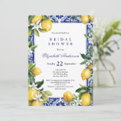 Invitation Lemons Blue White Mediterranean Tile Bridal Shower (Debout devant)