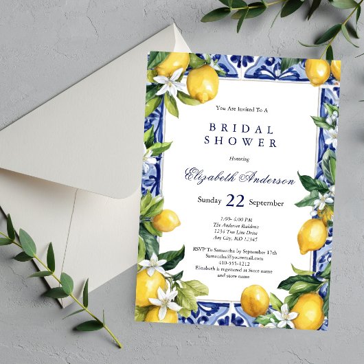 Invitation Lemons Blue White Mediterranean Tile Bridal Shower