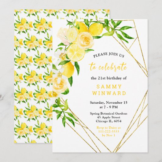 Invitation Lemons et Fleurs avec Feuillage Anniversaire (Devant / Derrière)