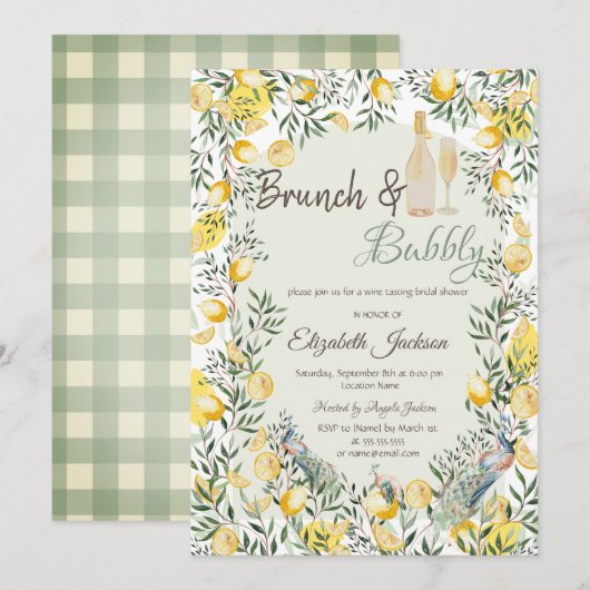 Invitation Lemons Paon Vert Plaid Brunch & Bubbly (Devant / Derrière)