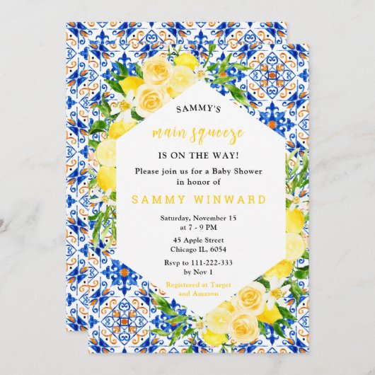 Invitation Lemons with Foliage Mediterranean Baby Shower (Devant / Derrière)