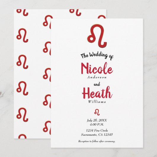 Invitation LEO Red Zodiac Astrologie Juillet Août Mariage (Devant / Derrière)