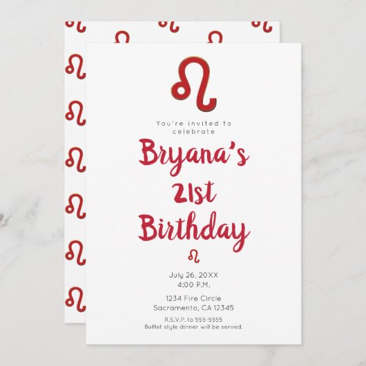 Invitation LEO Zodiac Astrologie Juillet Août Anniversaire (Devant / Derrière)