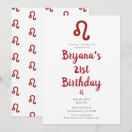 Invitation LEO Zodiaque Astrologie Fête d'anniversaire de jui (Devant / Derrière)