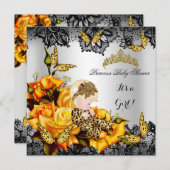 Invitation Leopard Baby shower fille papillon gris jaune (Devant / Derrière)