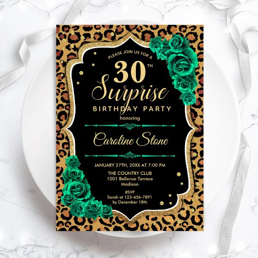 Invitation Leopard Black Gold Green Surprise 30e anniversaire