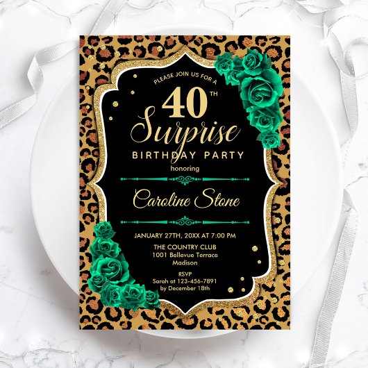 Invitation Leopard Black Gold Green Surprise 40e anniversaire