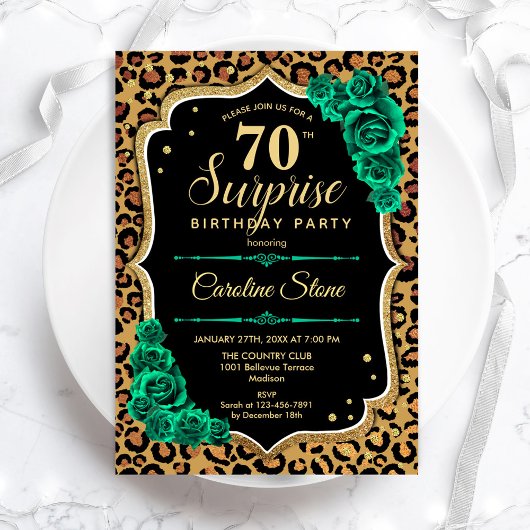 Invitation Leopard Black Gold Green Surprise 70e anniversaire